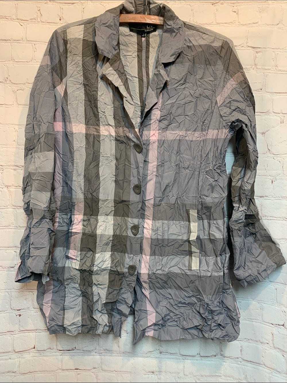 Liv by Habitat Gray Pink Plaid Crinkled Jacket Blazer Size S - Picture 1 of 5